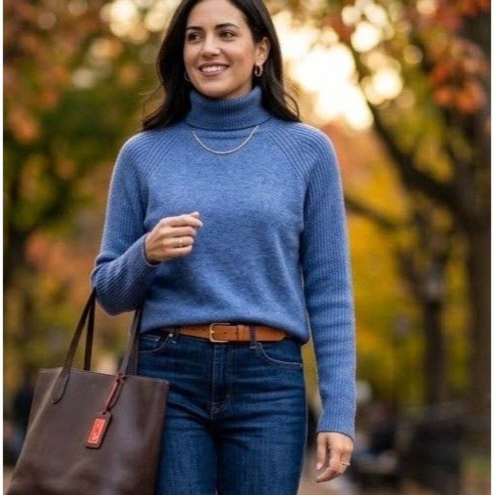 NWT LINY XIN 100% Superfine Merino Wool Turtleneck Sweater Blue L Raglan Ribbed